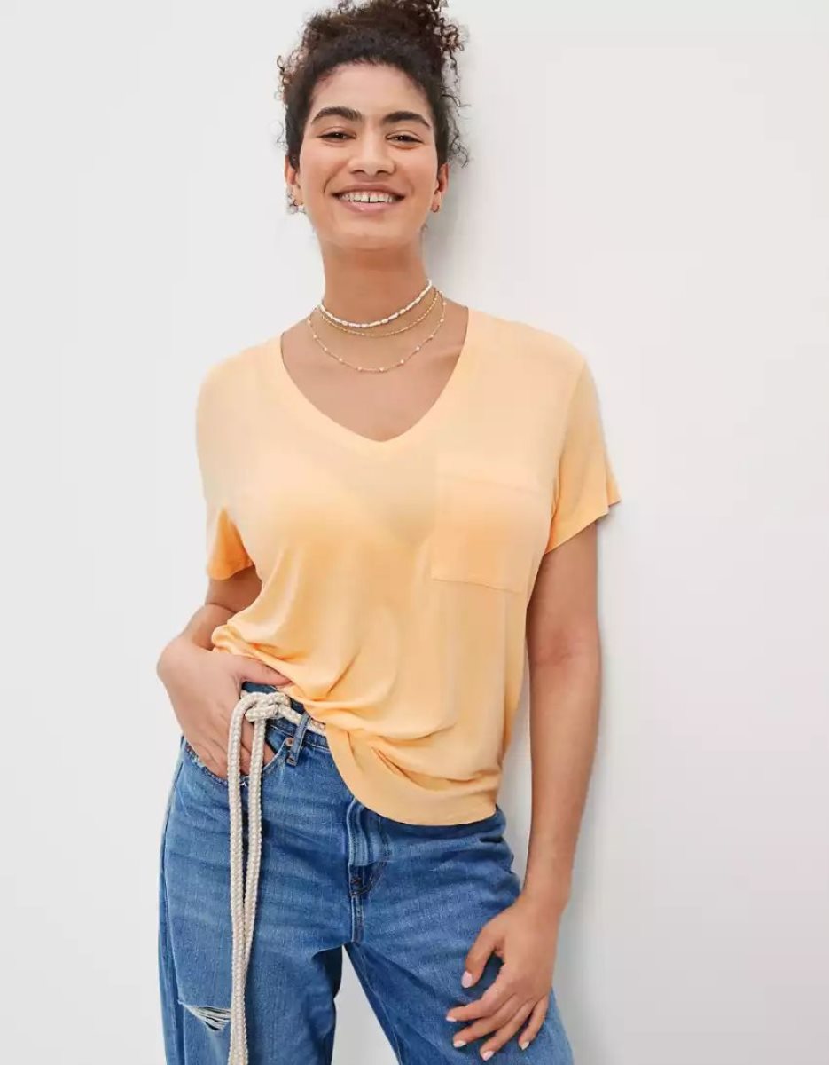 T Shirts American Eagle AE Soft & Sexy V-Neck Pocket Tee Orange Femme | MHZ-40833764